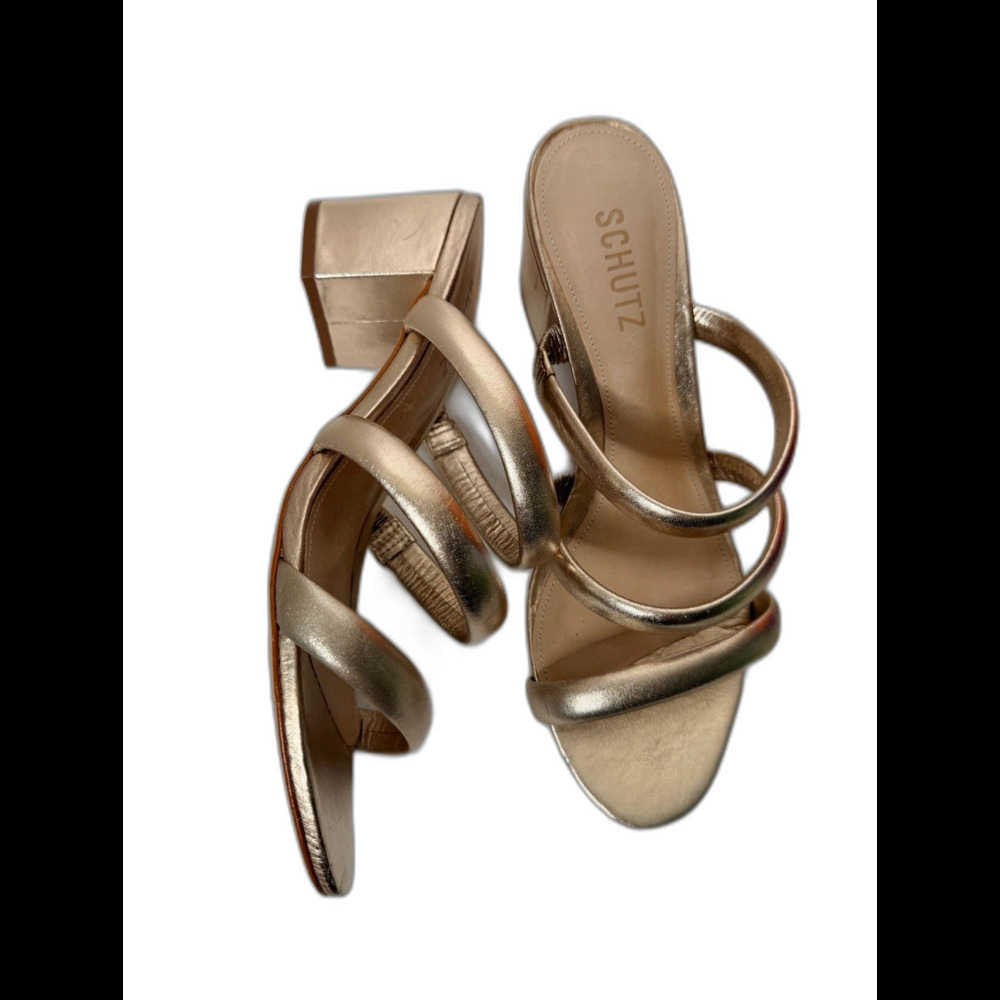 SCHUTZ Platina Gold Leather Strappy Mid Block Heel Sandals Size 9B